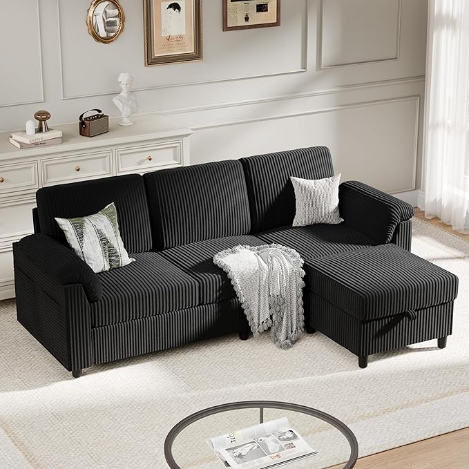 Meilocar Sectional Sofa Couch for Living Room, 79" Sectional Couches with Ottoman, L Shaped Couch with Armrests Side Storage Pockage, 3-Seat Sofa Couches for Apartment, Black