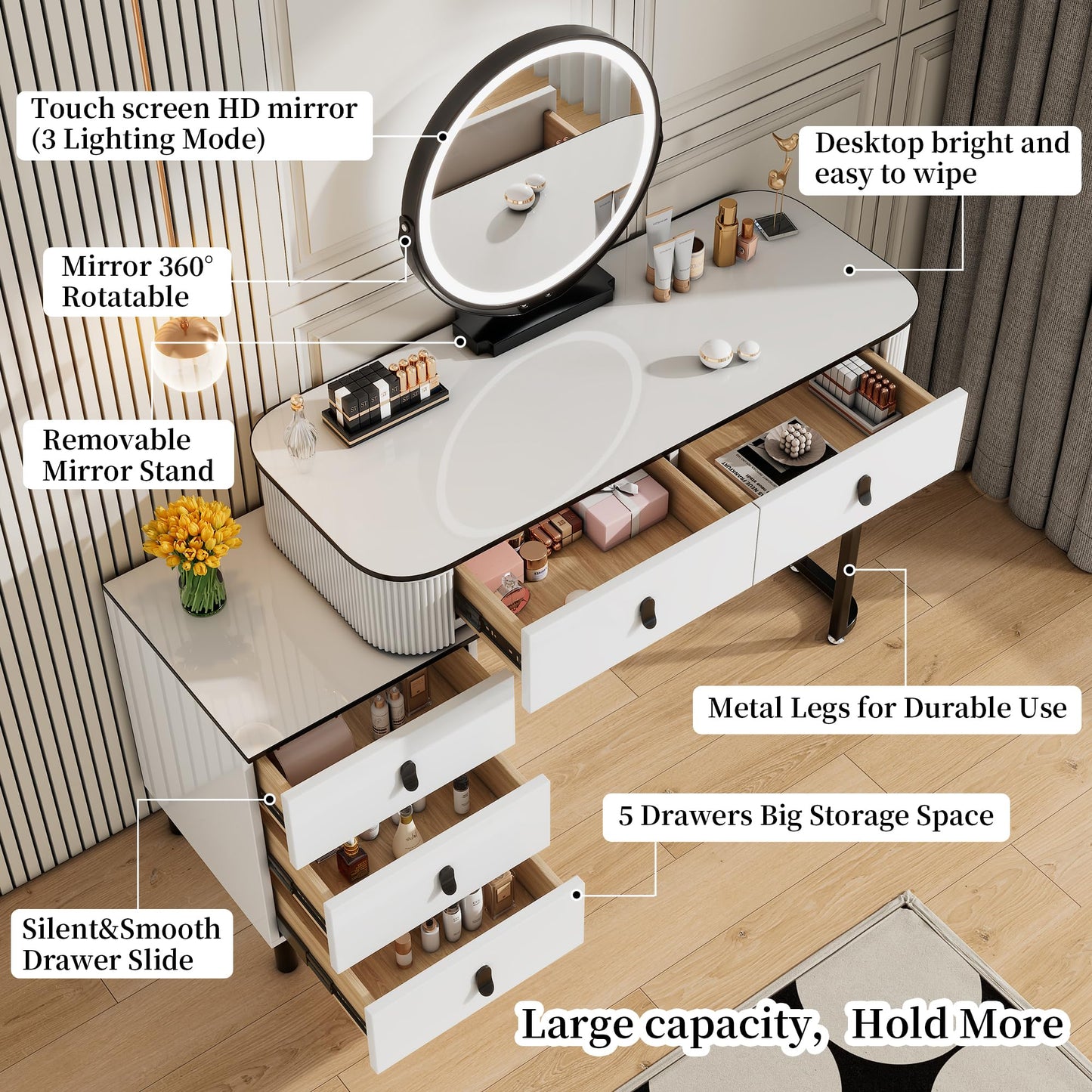 KDCAS Modern Vanity Desk with Mirror and Led Lights, Small Retractable Makeup Combo with Adjustable Cabinet, Dressing Table Set with 5 Drawers Storage for Bedroom, White