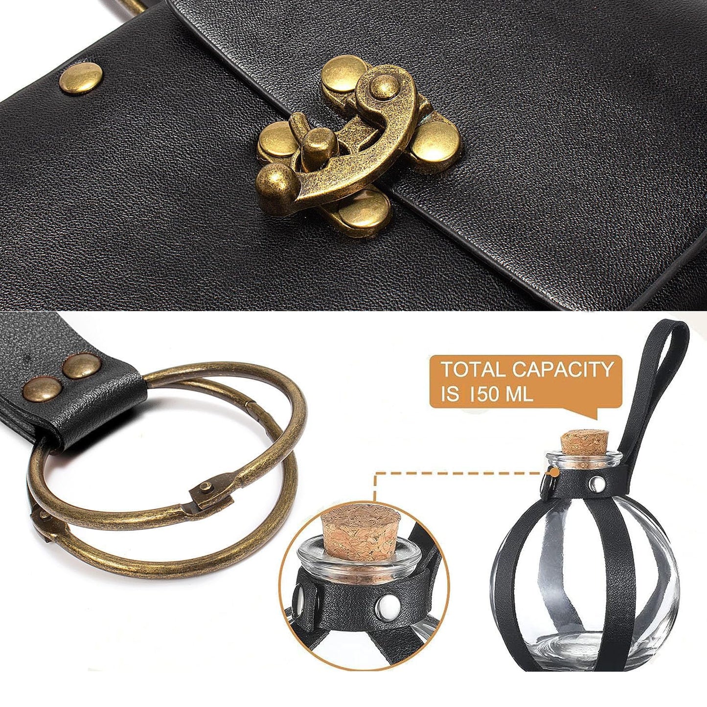 Belt Pouch Waist Bag Fanny Pack Steampunk Phone Holder Medieval Bag Leather Belt Renaissance Cosplay Costume Accessories (3Bottle-Black)