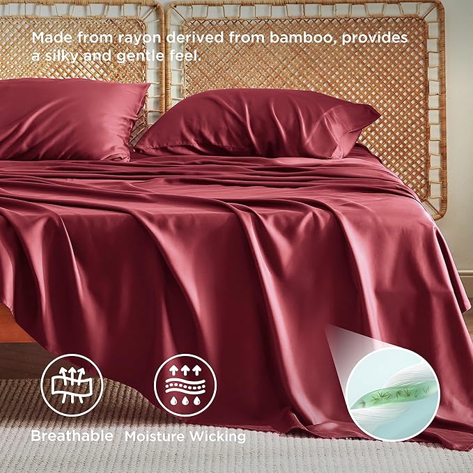 Bedsure Full Size Bed Sheets, Cooling Sheets, Rayon Derived from Bamboo, Breathable & Soft, Deep Pocket Up to 16 Inches, Hotel Luxury Silky Bedding for Hot Sleepers, Burgundy
