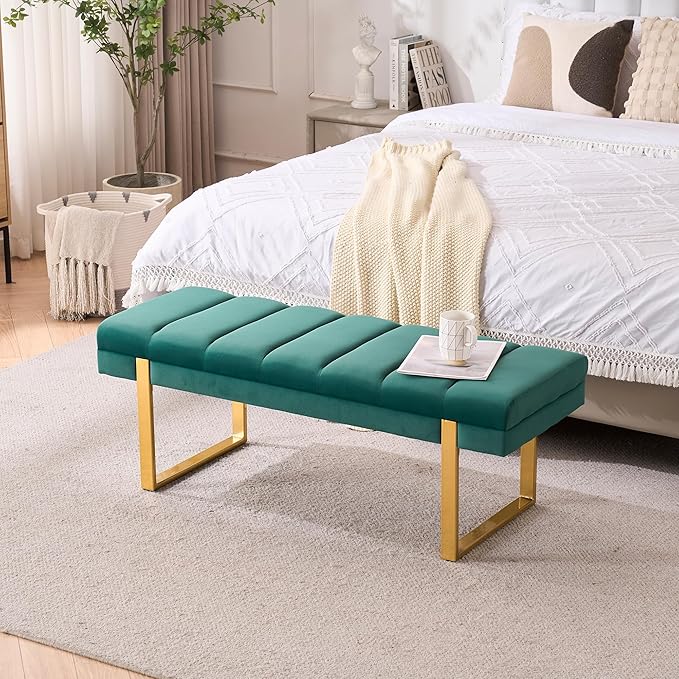 AIITTCC Velvet Ottoman Bedroom Bench, 46.5" Tufted Padded End of Bed Bench with Gold Legs, Upholstered Shoe Bench for Living Room Entryway Window (Green, 46" Wide)