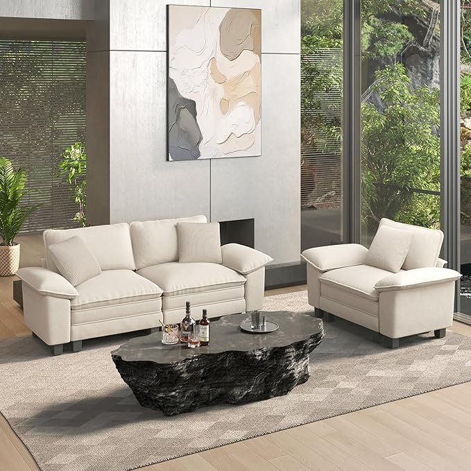HERA'S HOUSE 2 Pieces Modular Sectional Sofa Sets, Oversized Couch Set with Loveseat and Armchair, Comfy Cloud Couches with Throw Pillows, 3-Seater Deep Seat Sofa for Living Room, Chenille Beige