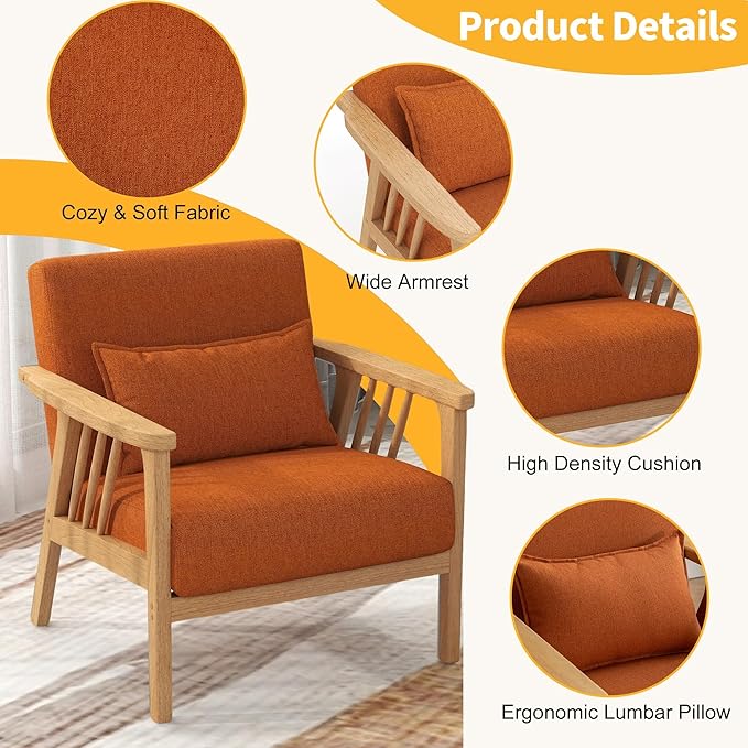 SEYNAR Mid-Century Accent Chair, Linen Fabric Armchair and Lounge Chair with Lumbar Pillow, Wide Seat & Solid Wood Frame for Living Room, Bedroom or Balcony (Orange)