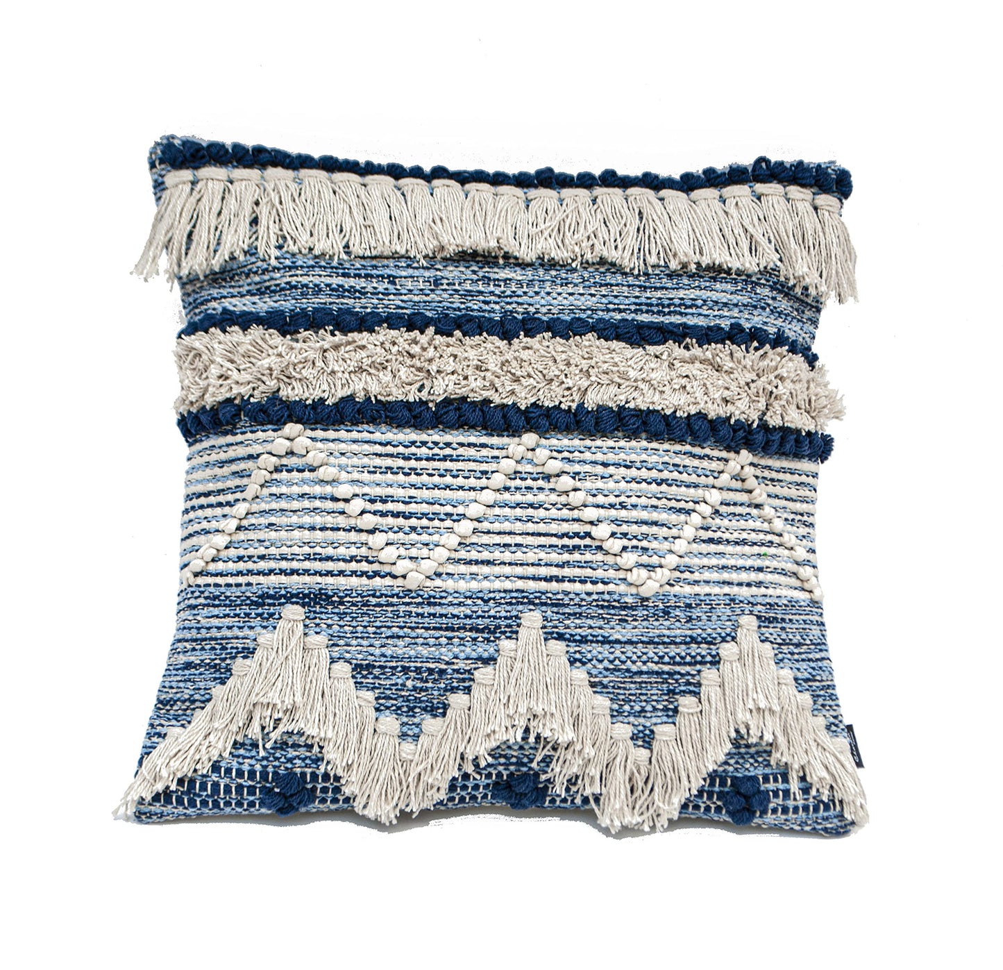 Chardin home Montego Farmhouse Decorative Throw Pillow Covers (Set of 2). Boho Soft Warm Cotton Woven Square Pillow Cover 18x18 for Couch Sofa Bedroom, Blue/Off-White