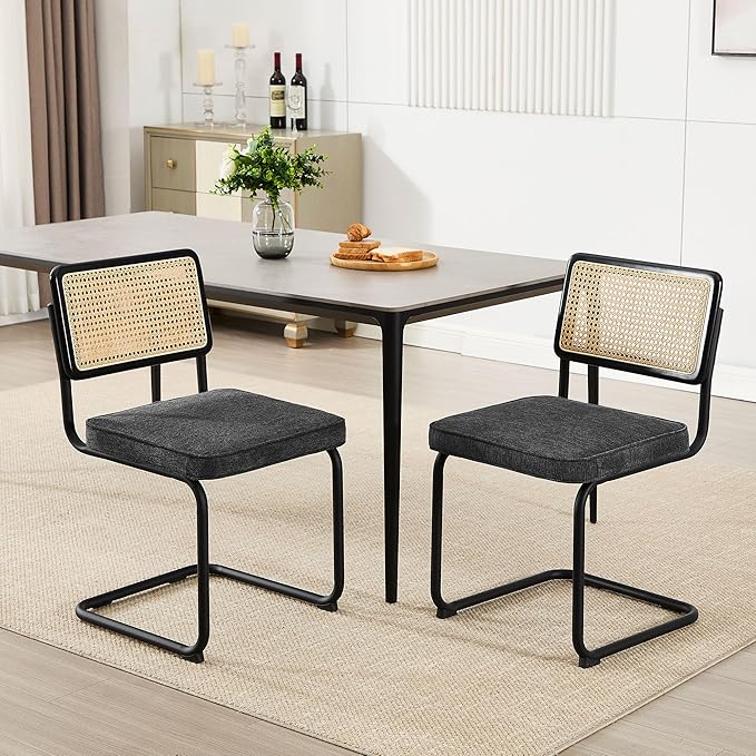 Zesthouse Rattan Dining Chairs Set of 6, Mid Century Modern Dining Room Chairs with Natural Cane Mesh & Black Matte Base, Dark Grey Cesca Chair, Linen Fabric Kitchen Chair with Solid Wood Frame Back