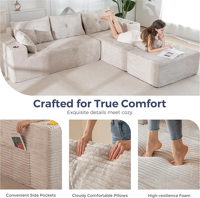 MAXYOYO 104" U-Shaped Modular Sectional Couch, Modern Boneless Couch for Living Room, Sofa in A Box, Oversized Sofa Sleeper with Deep Seat, No Assembly Required, Grayish Beige