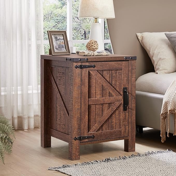 OKD Nightstand w/Charging Station, 18 Inch Farmhouse End Table w/Barn Door and Adjustable Storage Shelf, Rustic Wood Sofa Side Table w/Magnetic Door for Living Room, Bedroom, Reclaimed Barnwood Color