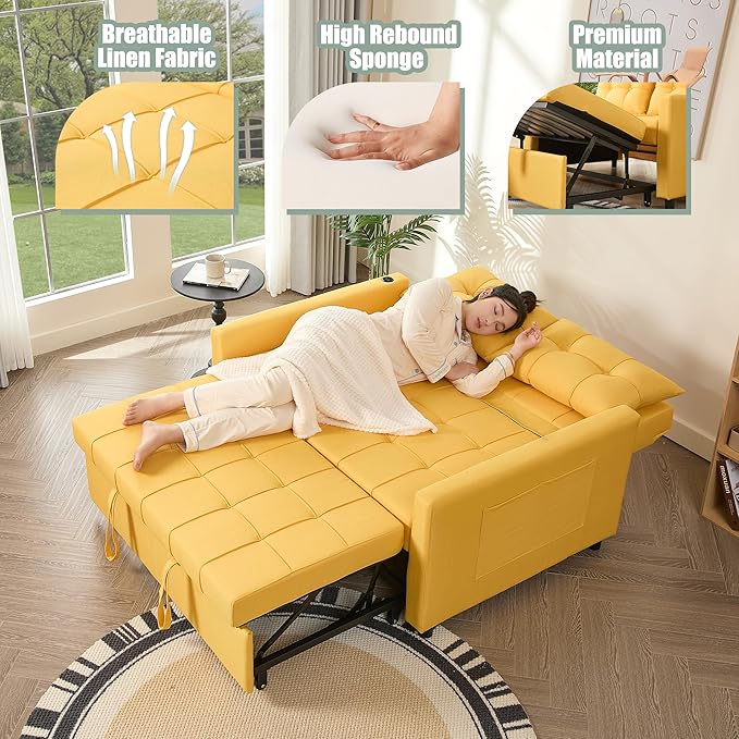 GOSUHI 52" Sleeper Sofa with Pull-Out Bed, 3-in-1 Convertible Sofa Bed, Loveseat with Stepless Adjustable Backrest and Side Pocket, for Living Room Dorm Apartment, Linen, Yellow