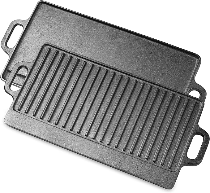 ProSource 2-in-1 Reversible 19.5” x 9” Cast Iron Griddle with Handles, Preseasoned & Non-Stick for Gas Stovetop, Oven and ...
