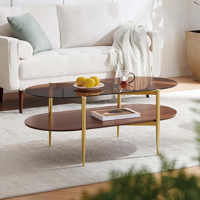Pine Flicker Oval Glass Coffee Table, Mid-Century Modern Design, L42*W22*H17 inch, for Living Room, Amber Glass Top and Walnut Finish Wood Shelf, Conical Metal Legs with Gold Finish