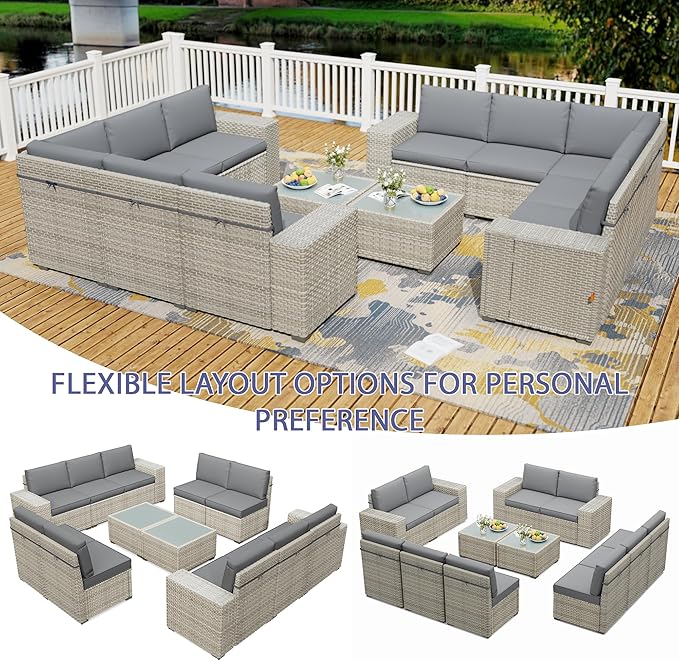 Broivira 12 Piece Patio Furniture Set, 9.8" Wide Arm Sectional Sofa with Storage Armrests, All-Weather Rattan Outdoor Conversation Set for Garden, Porch, Lawn, Backyard, Balcony, Grey