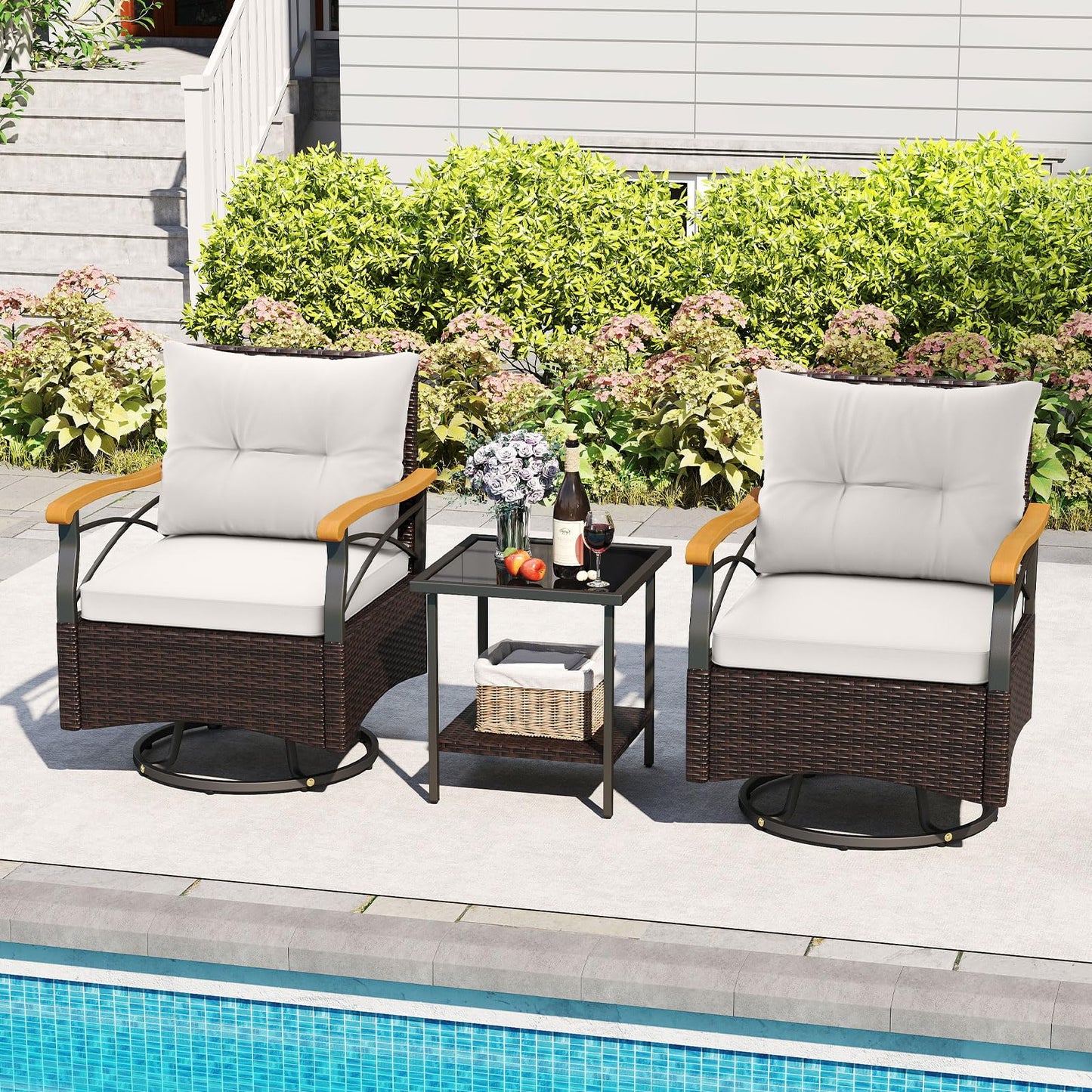 Tangkula 3 Piece Outdoor Swivel Chair Set, Patio Wicker Rotating Cushioned Chairs with 2-Tier Tempered Glass Side Table, for Porch, Yard, Balcony, Garden (Off White)