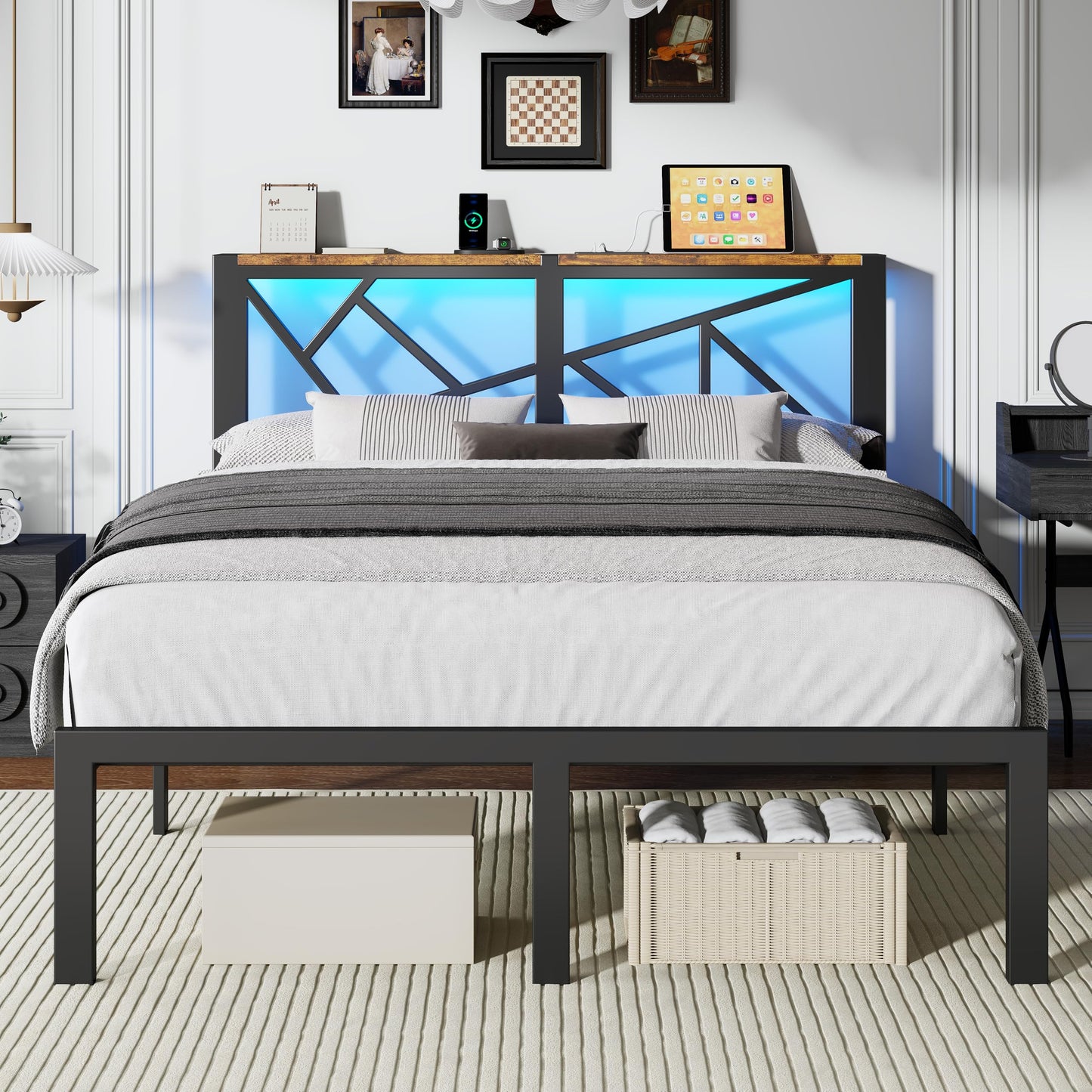 ChicZhiNest Queen Size Black Metal Bed Frame with USB Charging Station, LED Ambient Lighting, and Wooden Storage Headboard - Includes Under-Bed Storage, No Box Spring Needed, Noise Free, Easy Assembly