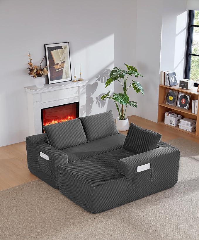 Vanress 97" Cloud Couch Sectional, Corduroy Boneless Couch with L-Shape Chaise,Modern Modular Sectional Sofa Comfy Deep Seat for Living Room, Bedroom, No Assembly (Dark Grey, Right Facing Chaise)