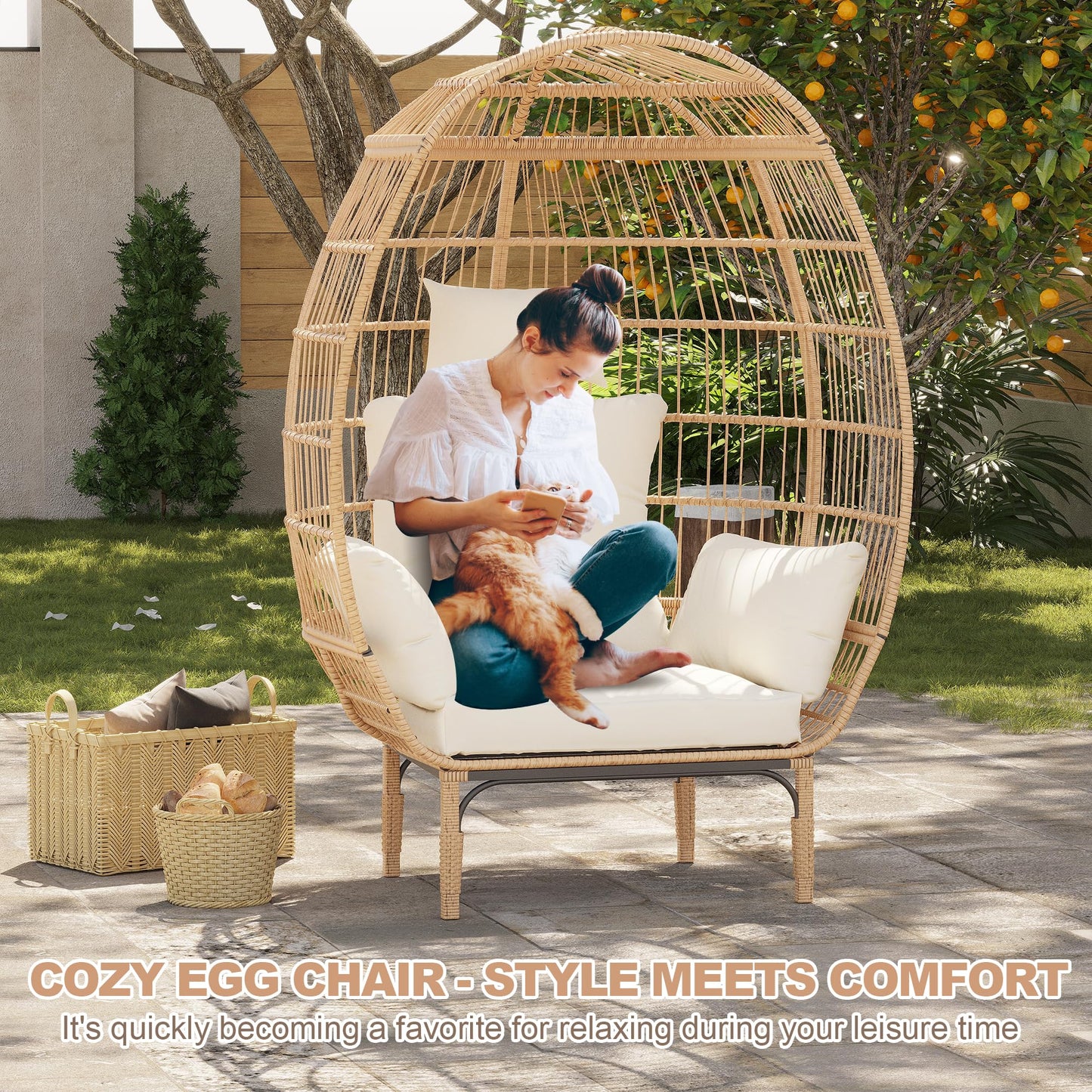 Reljofum 500 Lbs Capacity Oversized Wicker Egg Chair, All-Weather Rattan Egg Lounge Chairs for Patio, Backyard, Living Room, Outdoor Oversized Egg Chair Indoor w/5 Cushions