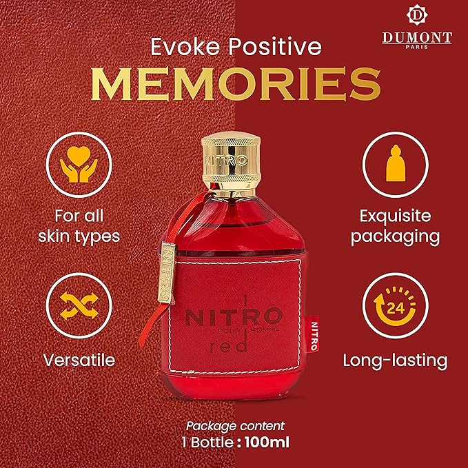 Dumont NITRO RED - 3.4oz - Eau De Parfum - Luxury Perfume for Men - Fruit, Woody, Floral & Masculine Fragrance - Long Lasting Cologne Mist & Body Spray - for Him