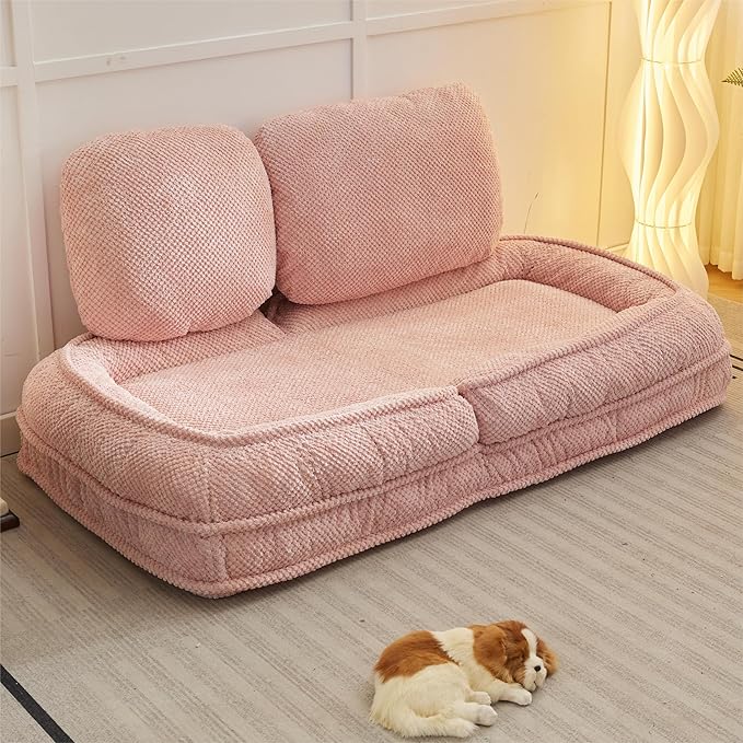 KEIKI Foldable Tatami Lazy Sofa Couch Bed with 5 Adjustable Position, Space Saving Design Human Dog Bed with Cushion Back, Easy Assembly, for Apartment, Living Room, Bedroom, Pink