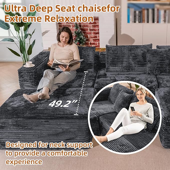 110 Modular Sectional Boneless Sofa with 2 Ottomans, Corduroy U-Shaped Modular Sectional Sofa, Convertible Cloud Couch with Deep Seats, No Assembly Required (Grey, 110" 3Seat+2 0ttoman)