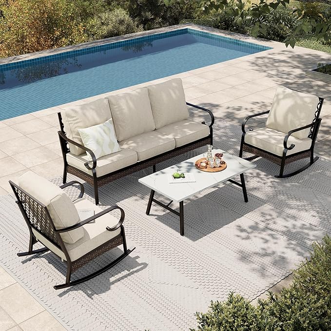 HERA'S HOUSE 4 Piece Metal Patio Furniture Set, All Weather Outdoor Conversation Set with 3 Seat Sofa, 2 Rocking Chairs & Coffee Table, Seats 5 for Backyard, Garden, Deck, Beige