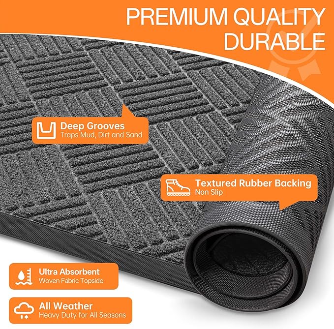 Indoor Outdoor Door Mat, 5’x 4' Doormat for Entryway, Rubber Backing Non Slip Front Door Mat Outside Entrance, Super Absorbent Commercial Floor Mat for Home Office, Gray