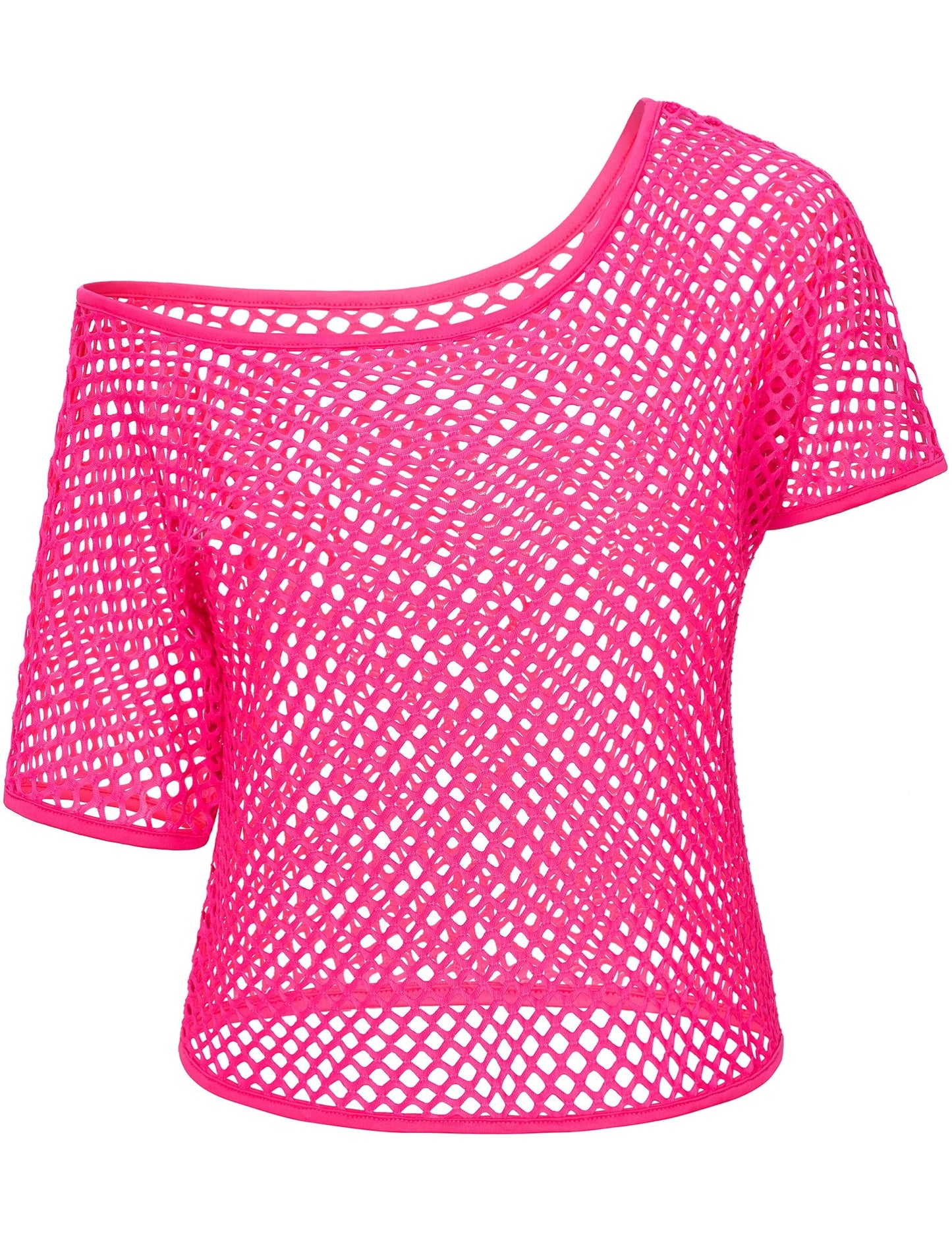 Yuriko 80s Outfit Party Costumes Fishnet Neon Off Shoulder T-Shirt Two Pieces With Fancy Dress Costume Accessories(Pink 2XL)