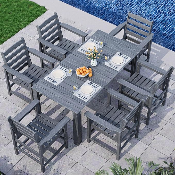 PamapicLife Outdoor HDPE Dining Table Set, 7-Piece Outdoor Dining Table Sets, Wood Grain Patio Furniture Sets with Umbrella Hole for Porch, Backyard, Gray