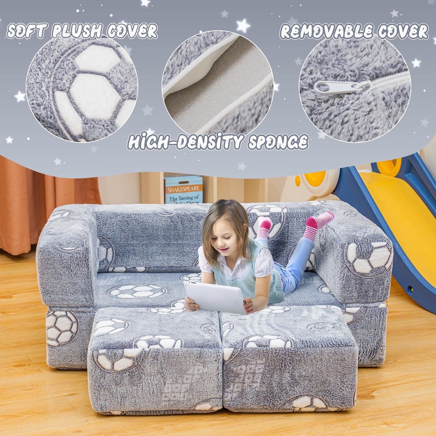 Lamerge Toddler Couch Glow in The Dark Toddler Fold Out Couch for playroom, Convertible Baby Fold Out Play Foam and Floor Cushion for Bedroom (Grey+Football)