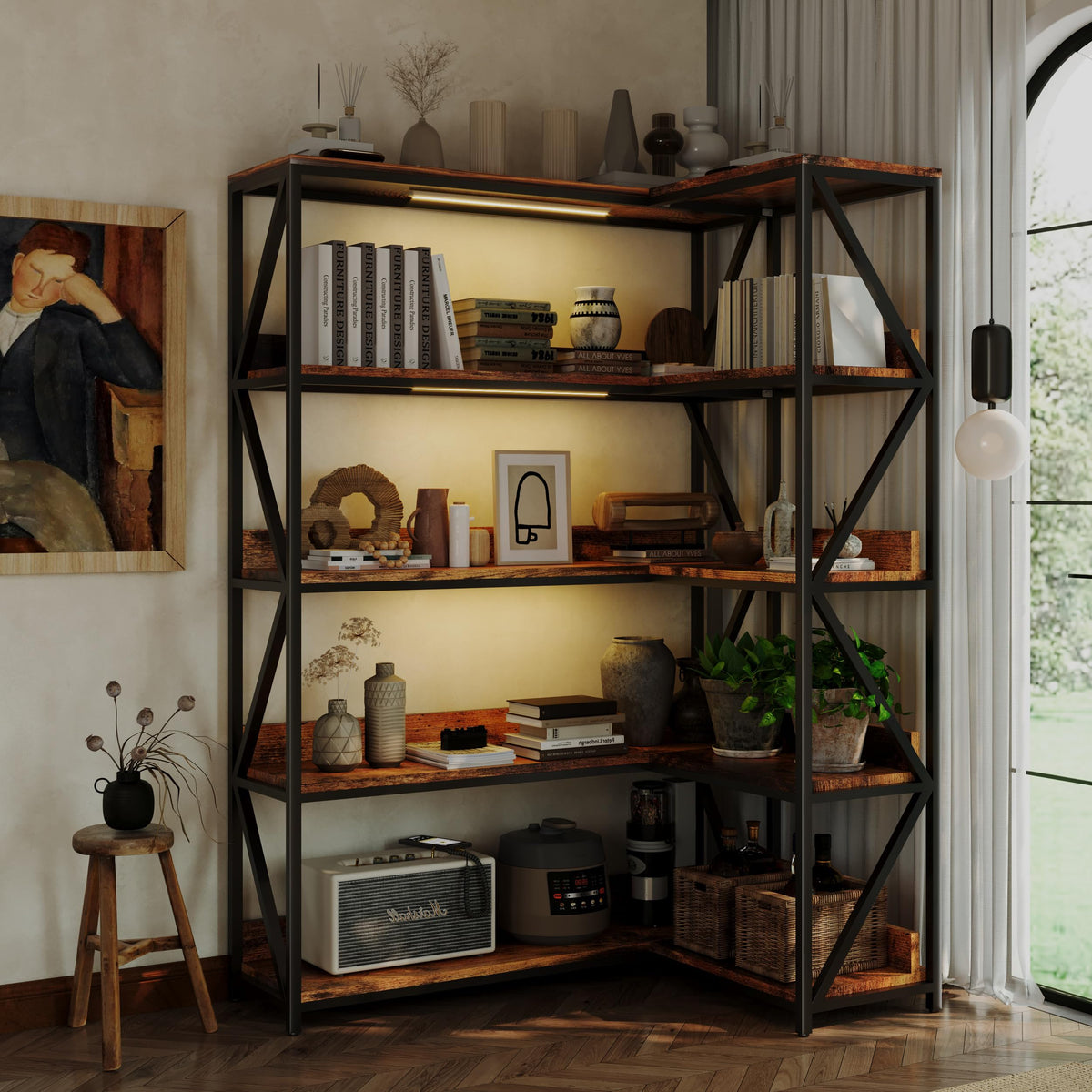 5 Tier Bookshelves with LED Plant Grow Lights, Convertible Corner Bookshelf with Baffles, 70" Tall Industrial Bookcase, Display Shelf, Wood Shelves with Metal Frame for Living Room Bedroom Home Office