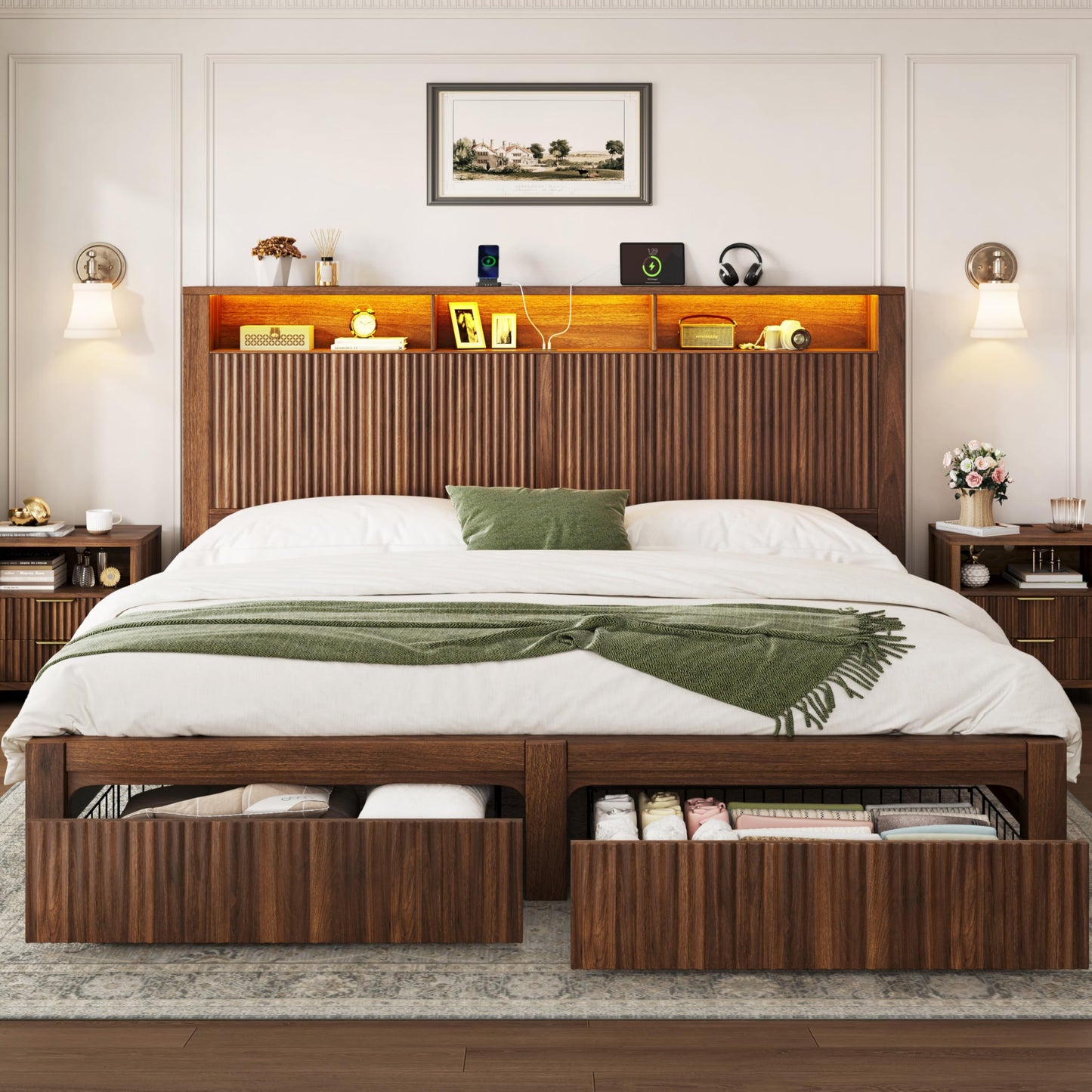 CypBed King Size Bed Frame and Headboard& 2 Storage Drawers, King Bed Frame with LED Light and Charging Port, Farmhouse Wavy Design, Wood & Metal Platform, Noise-Free, No Box Spring Needed, Walnut