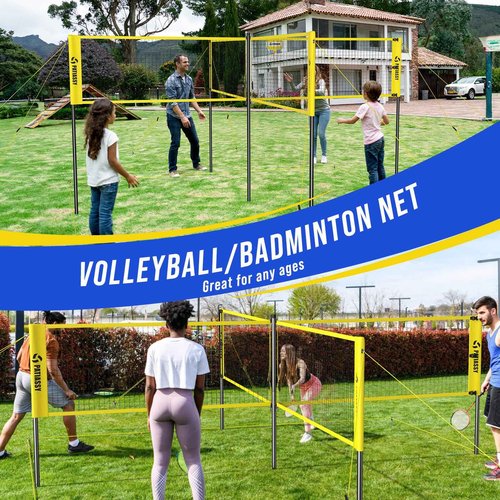 Patiassy 16FT 4 Square Volleyball Game Set with Adjustable Height, 4-Way Volleyball/Badminton Net Outdoor for Backyard, Lawn and Beach with Portable Carry Bag