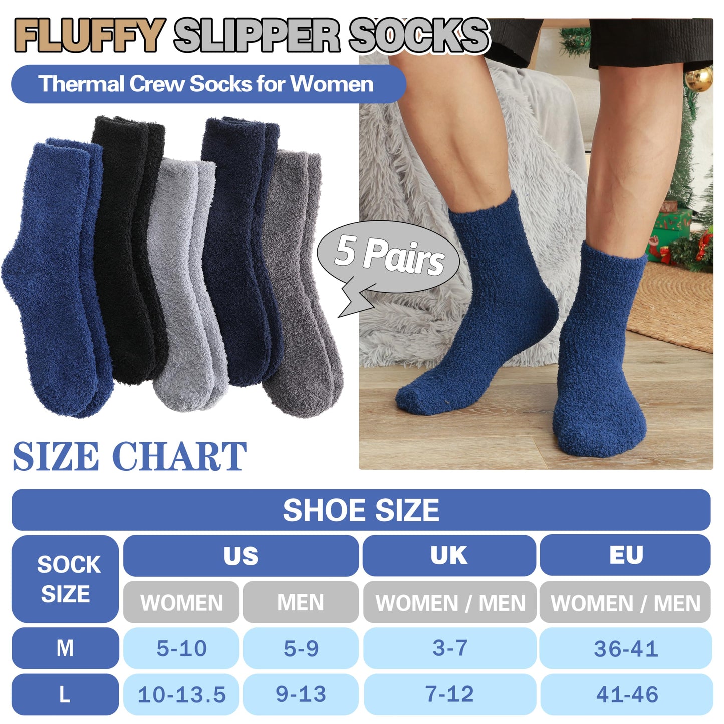 Fuzzy Socks for Women Men Warm Fluffy Winter Cozy Thick Slipper Plush Sleep Comfy Crew Socks Christmas Gifts Stocking Stuffers for Women(Black/Dark Grey/Deep Blue/Grey,M)