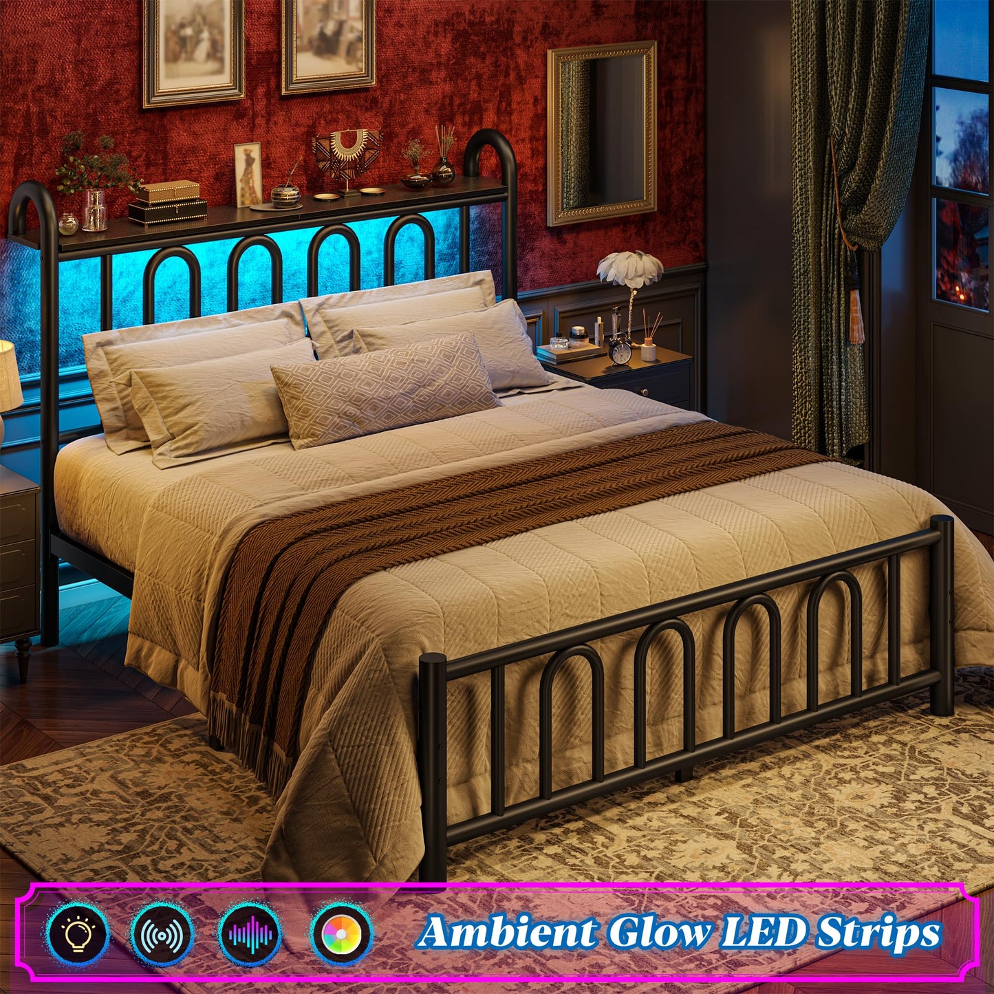 Homkdom Queen Bed Frame Metal Platform Bed Frame/Victorian Headboard and Footboard/LED Light/Sturdy Mattress Foundation with Under Bed Storage/No Box Spring Needed/Noise-Free/Easy Assembly, Black