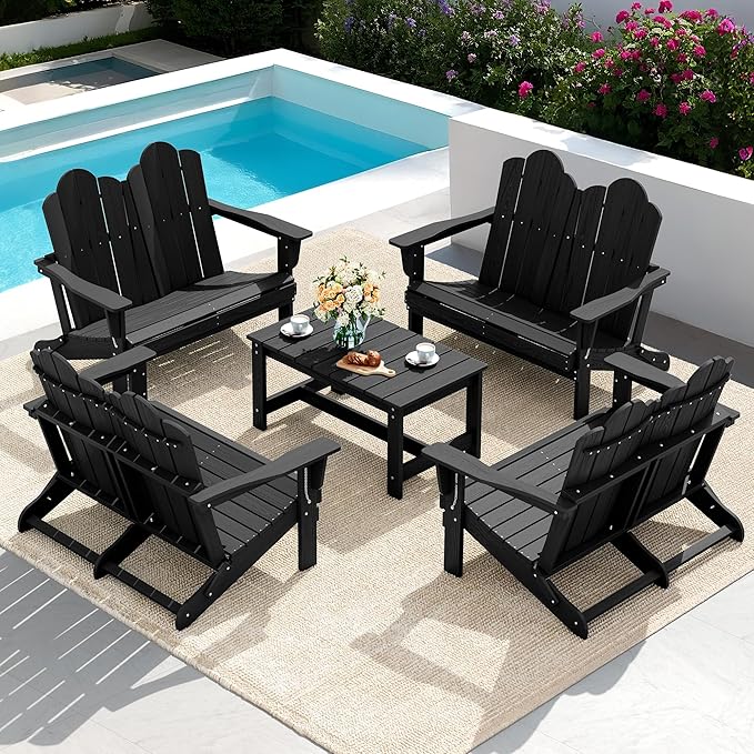SERWALL Folding Adirondack Bench, HDPE All-Weather Adirondack Loveseat Set of 2, Black