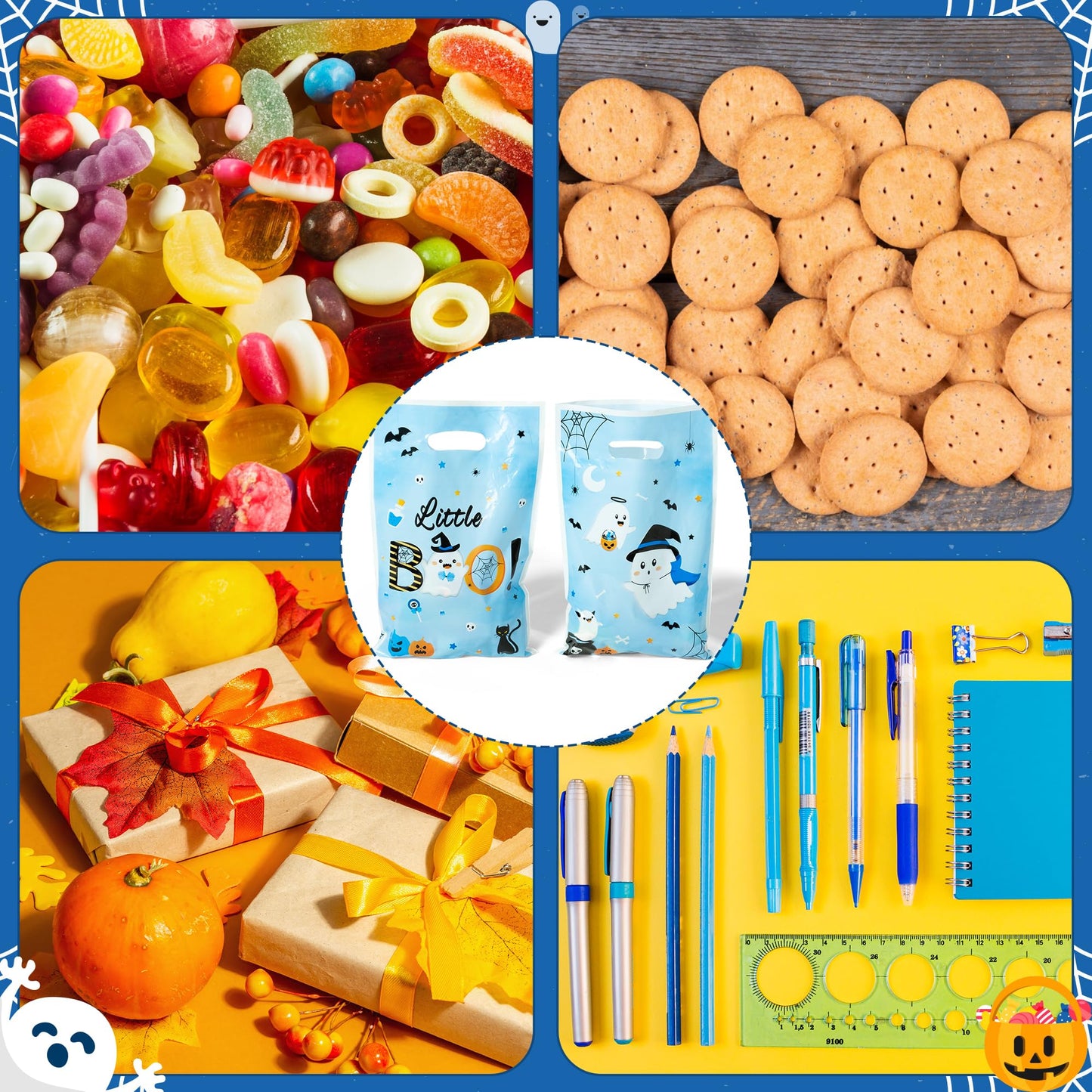 Haooryx Bule Little Boo Favor Bags - 50Pcs Halloween Little Ghost Plastic Gift Bag Birthday Party Gift Warp Goodie Candy Treat Bags for Halloween Party Kids Boy Birthday Baby Shower Party Favor Supply