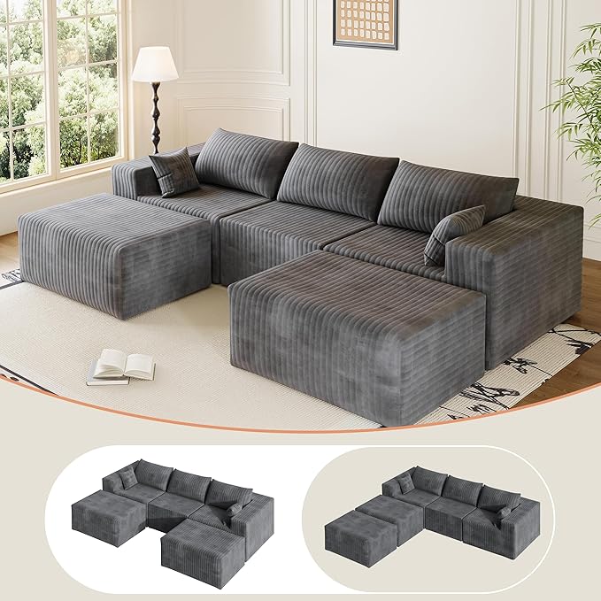 CABZOON 110" Cloud Couch Sectional for Living Room U-Shape Boneless Couches Modular Sectional Sofa with Deep Seat with Chaise,No Assembly Required, Carbon Gray(Plush Corduroy Fabric)