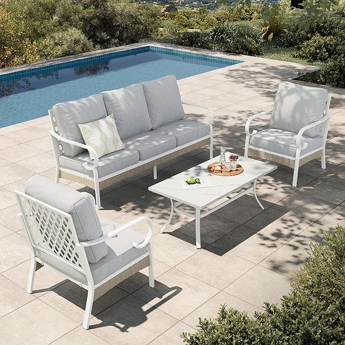 HERA'S HOUSE 4-Piece Patio Furniture Set with Metal & Rattan Design, Includes 2 Fixed Chairs, 3-Seat Sofa & Marble Coffee Table, All-Weather Outdoor Conversation Set for Garden Backyard, Grey