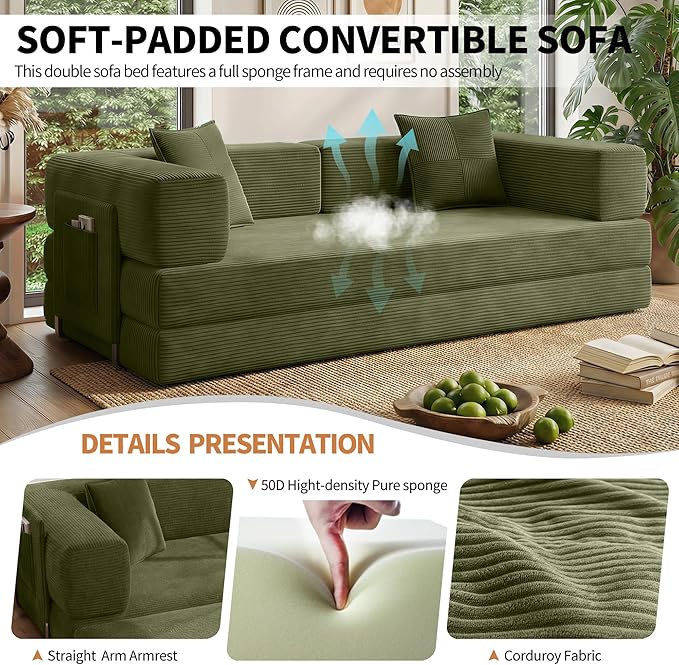 Fancyfire 78.8" Convertible Sofa Bed with Armrest Pillow,4-in-1 Sleeper Couch Bed for Livingroom,Modular Corduroy Boneless couches,No Assembly (Green)