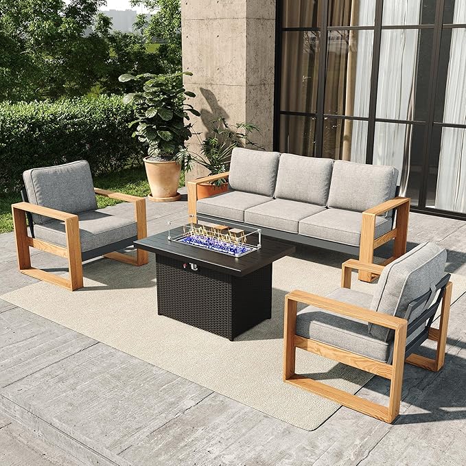 4 Pieces Aluminum Patio Furniture Set, Outdoor Conversation Sets with High Backrest Sofa and Fire Pit Table for Garden and Backyard