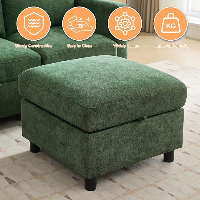 WUTUTUEE 25”Square Storage Ottoman Module for Modular Sectional Sofa, Living Room Coffee Table Sectional Ottoman Footrest for Convertible Couch, Chenille Dark Green