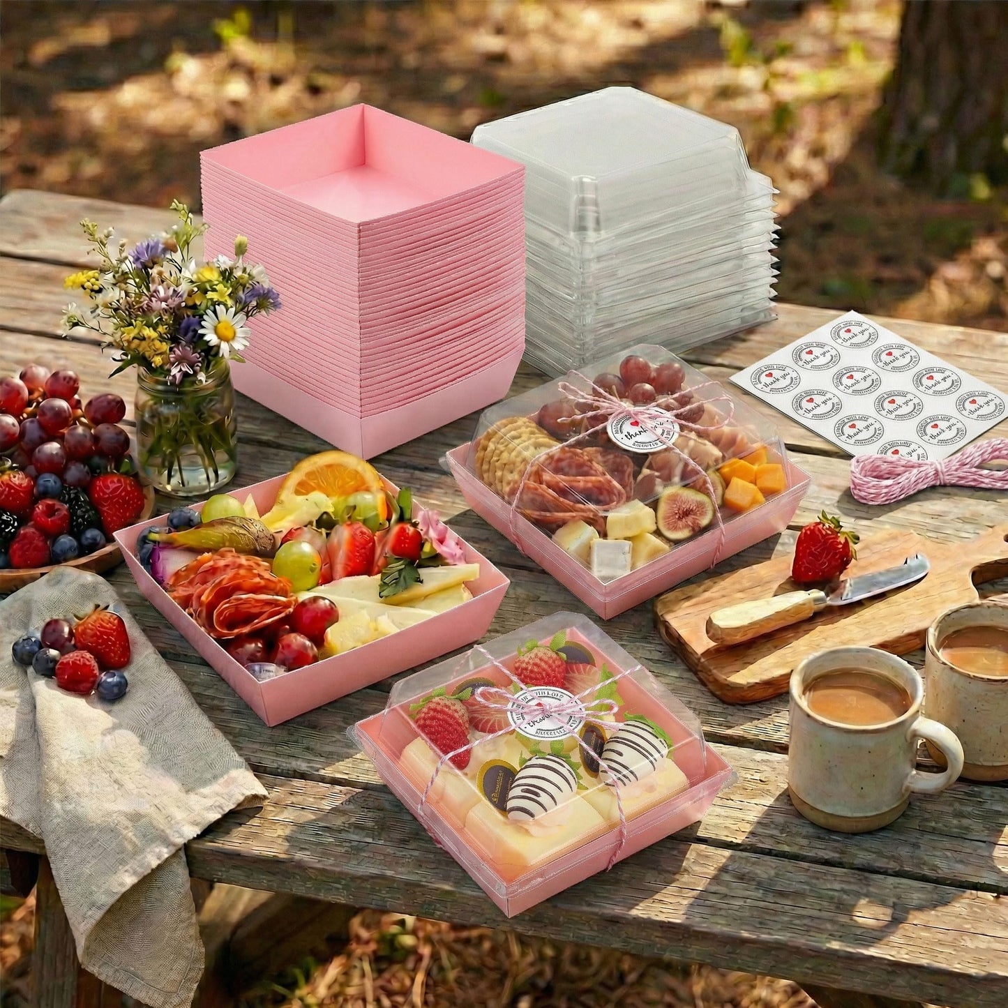 Leafiew 50 Pack Small Clear Treat Boxes - Dessert Boxes To Go - 5Inch Disposable Paper Mini Containers for Cookie, Cake Slice, Charcuterie, Bakery, Pastry, Strawberry, Baked Goods Packaging (Pink)