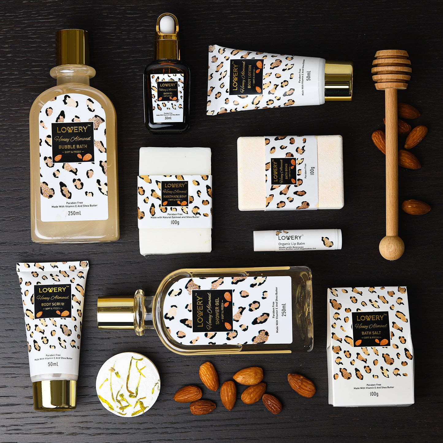 Luxury At-Home Spa Kit with Honey Almond Scent - Bath Gift Basket with Vit E-Rich Bath Essentials, Tumbler, Ear Candles, Bath Oil, Salts, Shower Steamer, Organic Lip Balm & More in Leopard Basket, 21