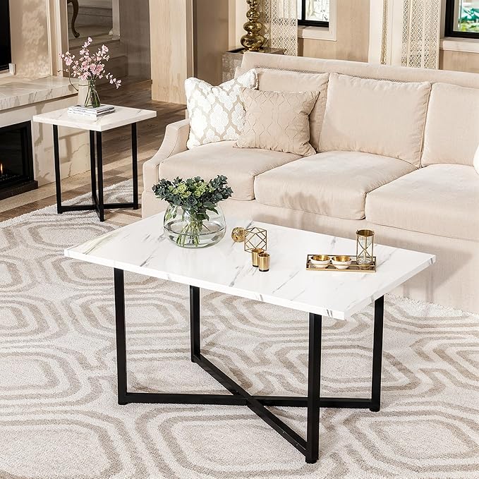 AWQM Coffee Table Set of 3, Industrial Coffee Table with 2 Square End Side Tables, Modern Living Room Table Set with Metal Frame for Apartment Home Office
