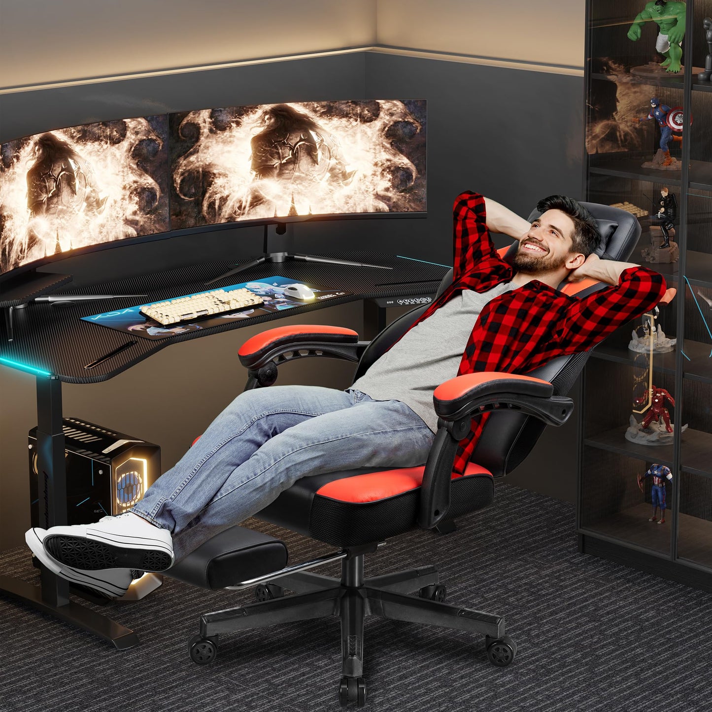 Shintenchi Gaming Chair, Office Chair with Footrest and Lumbar Support, Height Adjustable Game Chair with 360°-Swivel Seat and Headrest and for Office or Gaming (Deep Red)