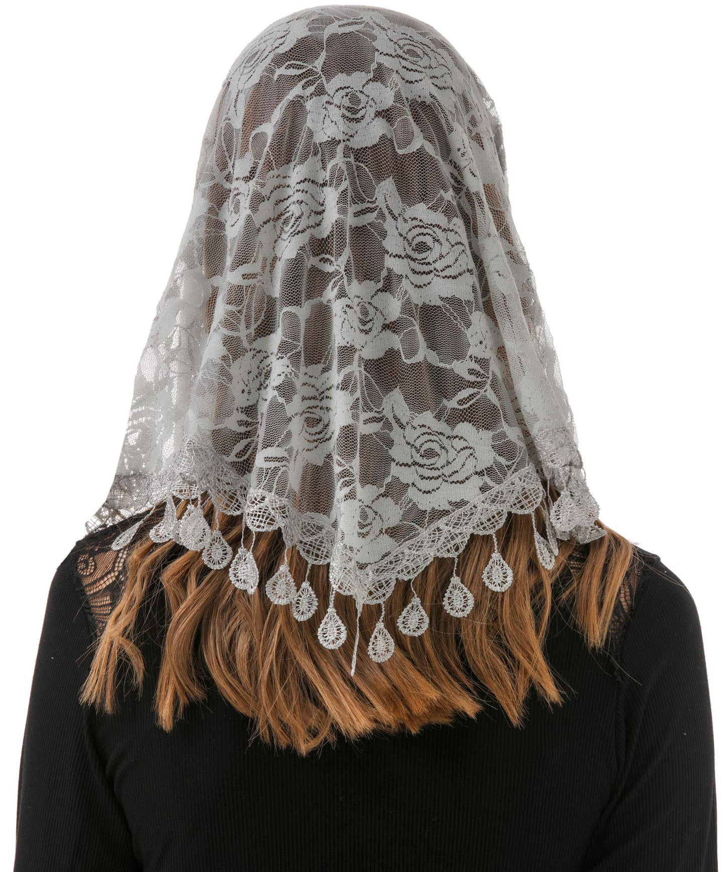PAMOR Mass Veil Triangle Mantilla Cathedral Head Covering Chapel Veil Lace Shawl Latin Scarf (Gray)