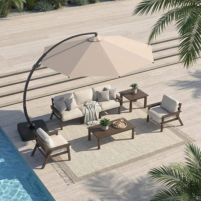 Patio Kingdom 7 Piece Patio Conversation Sets, Outdoor Couch with Washable Thick Beige Cushions, HDPE Patio Furniture Set with 12FT Umbrella, Outdoor Sectional Furniture for Backyard (Brown Frame)