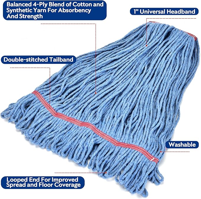 Matthew Cleaning 24oz Heavy Duty Mop Head Commercial Replacement for General and Floor Cleaning, Wet Industrial Blue Cotton Looped End String Head Refill (Pack of 3) Blue