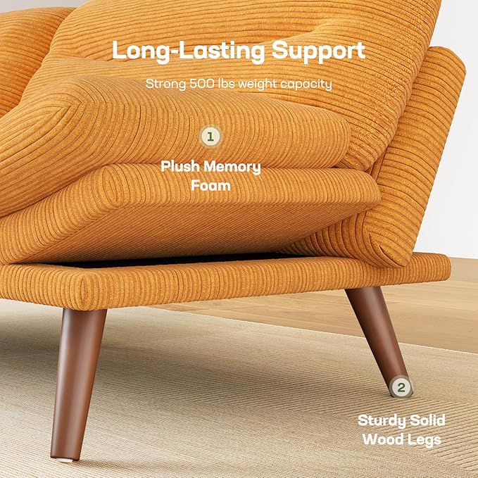 Marsail Futon Sofa Bed, 66” Futon Couch with Adjustable Backrest & Armrests, Convertible Small Sleeper Sofa Bed for Small Apartments, Study Room, Office, Corduroy Loveseat, Yellow