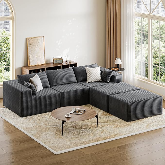 CABZOON 110" Cloud Couch Sectional for Living Room U-Shape Boneless Couches Modular Sectional Sofa with Deep Seat with Chaise,No Assembly Required, Carbon Gray(Plush Corduroy Fabric)