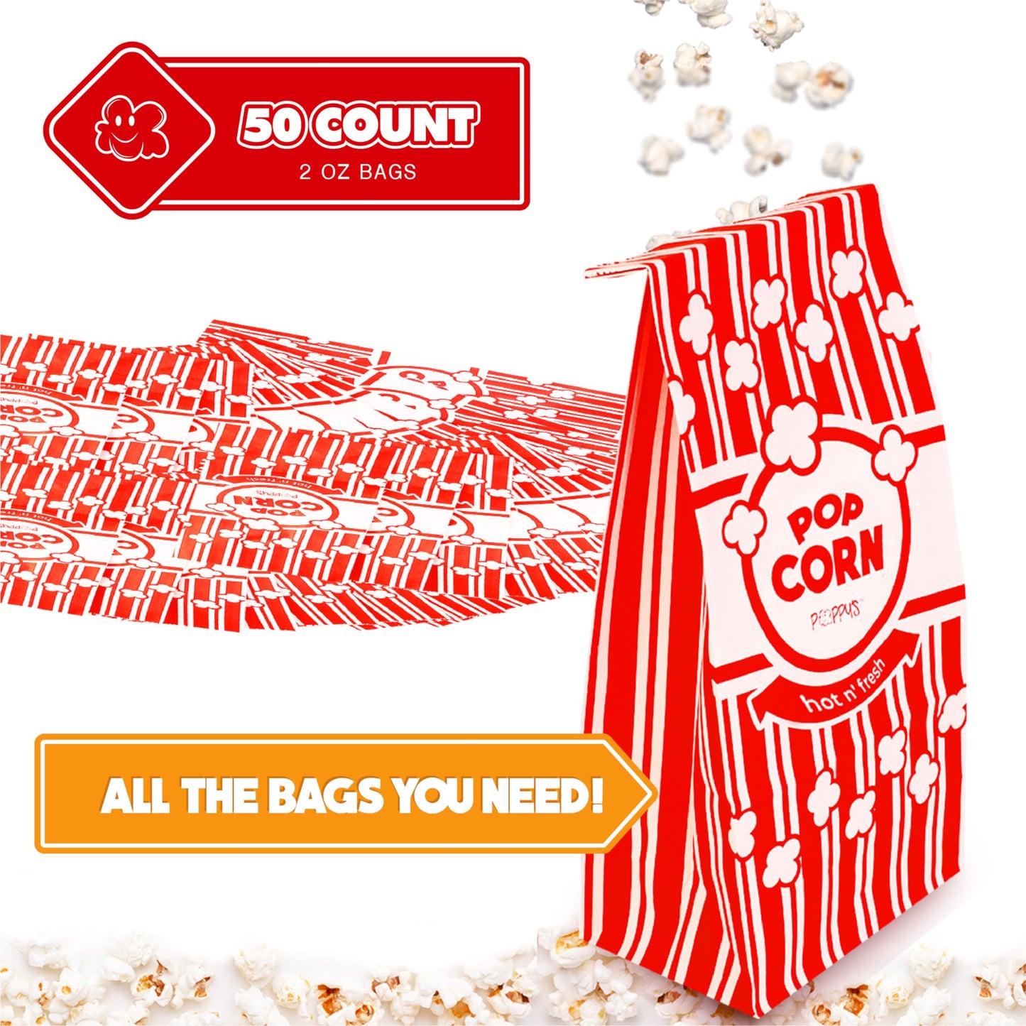 Poppy's Flat Bottom Paper Popcorn Bags – 50 Pack 2 oz Concession-Grade Bags, Popcorn Machine Accessories for Popcorn Bars, Movie Nights, Concessions