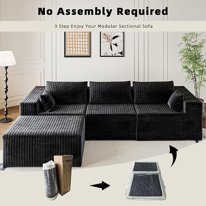 CABZOON 110" Cloud Couch Sectional for Living Room L-Shape Boneless Couches Modular Sectional Sofa with Deep Seat with Chaise,No Assembly Required,Carbon Black(Plush Corduroy Fabric)